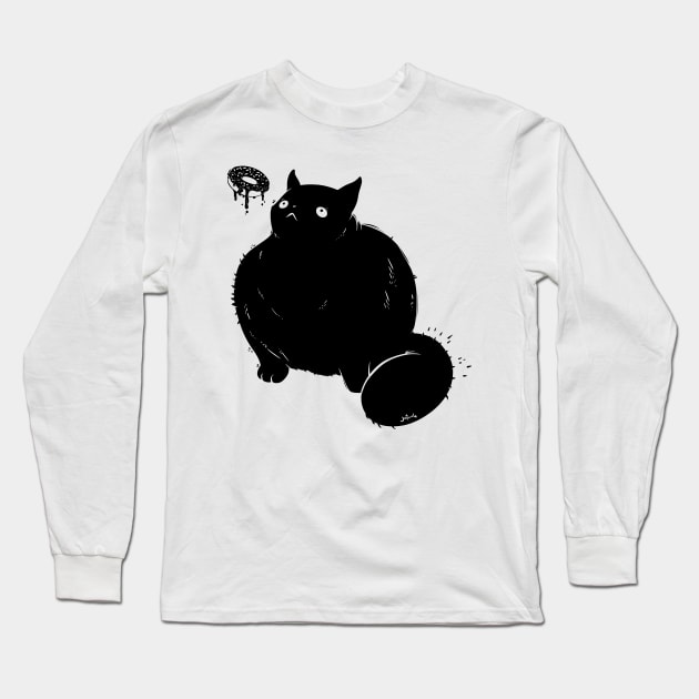 Big Chonker Cat Looking At Donut Art Long Sleeve T-Shirt by cellsdividing